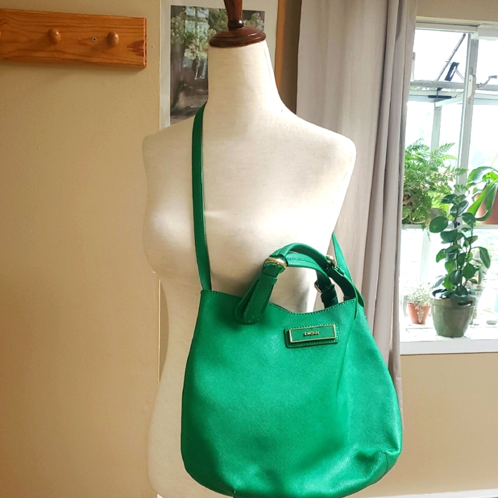 DKNY Saffiano Leather Kelly Green Shoulder Bag with Minimalist Design
